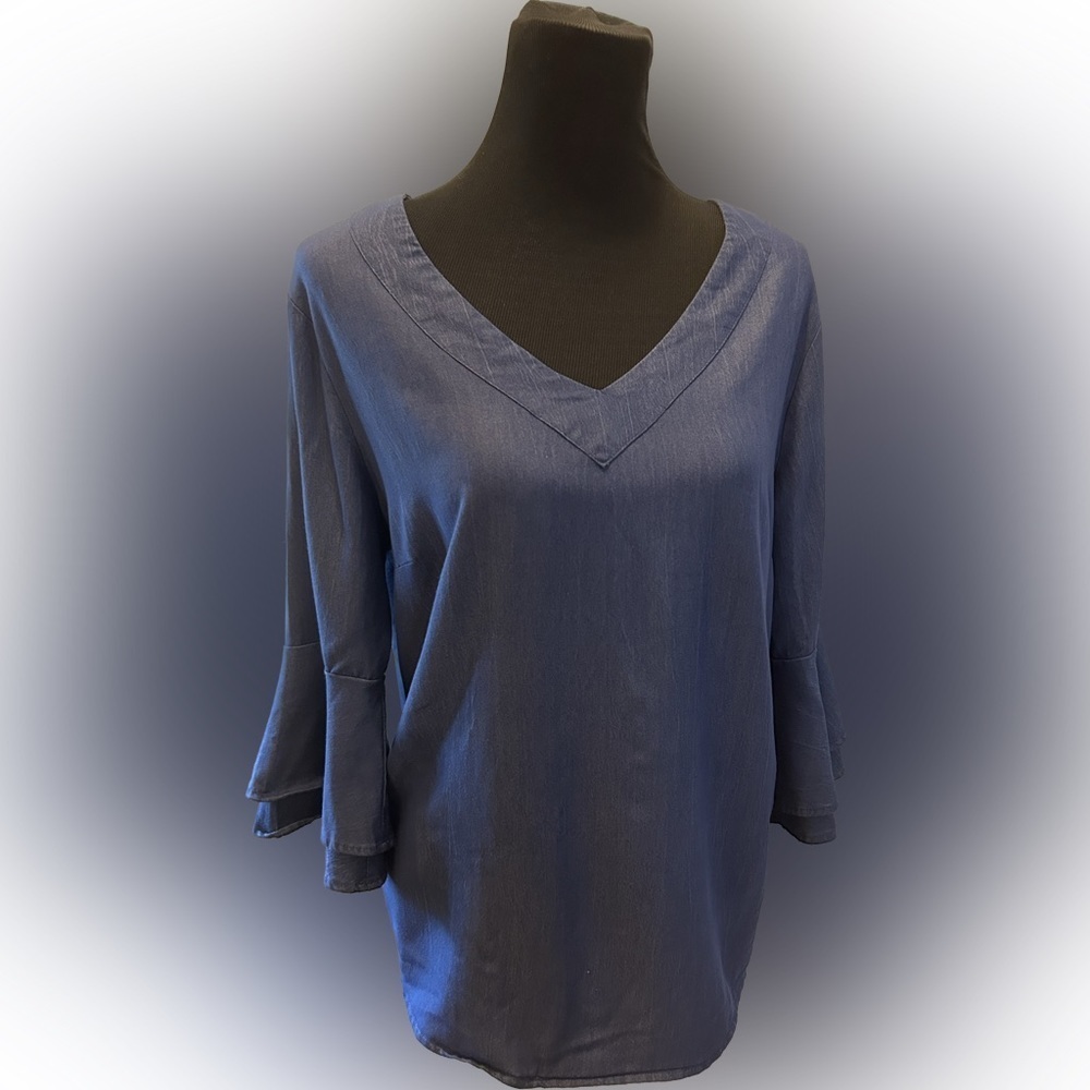 50%offw❤️ Anthropologie Naif Blue Denim Layered Ruffle 3/4 Bell Sleeve L